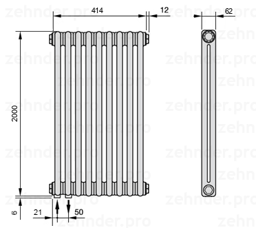 Схема (чертеж) Радиатор Zehnder Charleston 2200/9 №3370 Белый глянцевый RAL 9016